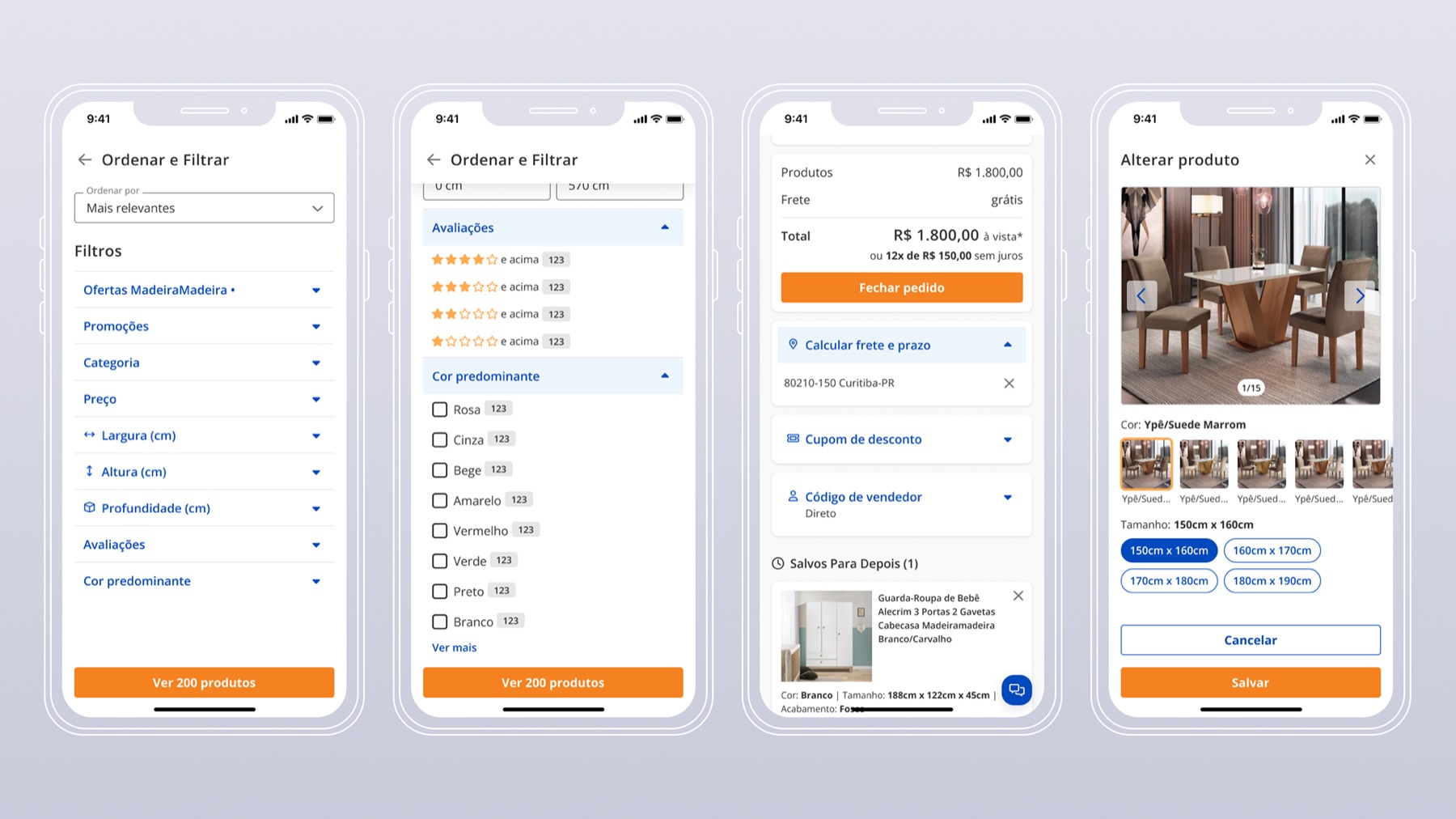 Product Filters and Shopping Cart screens